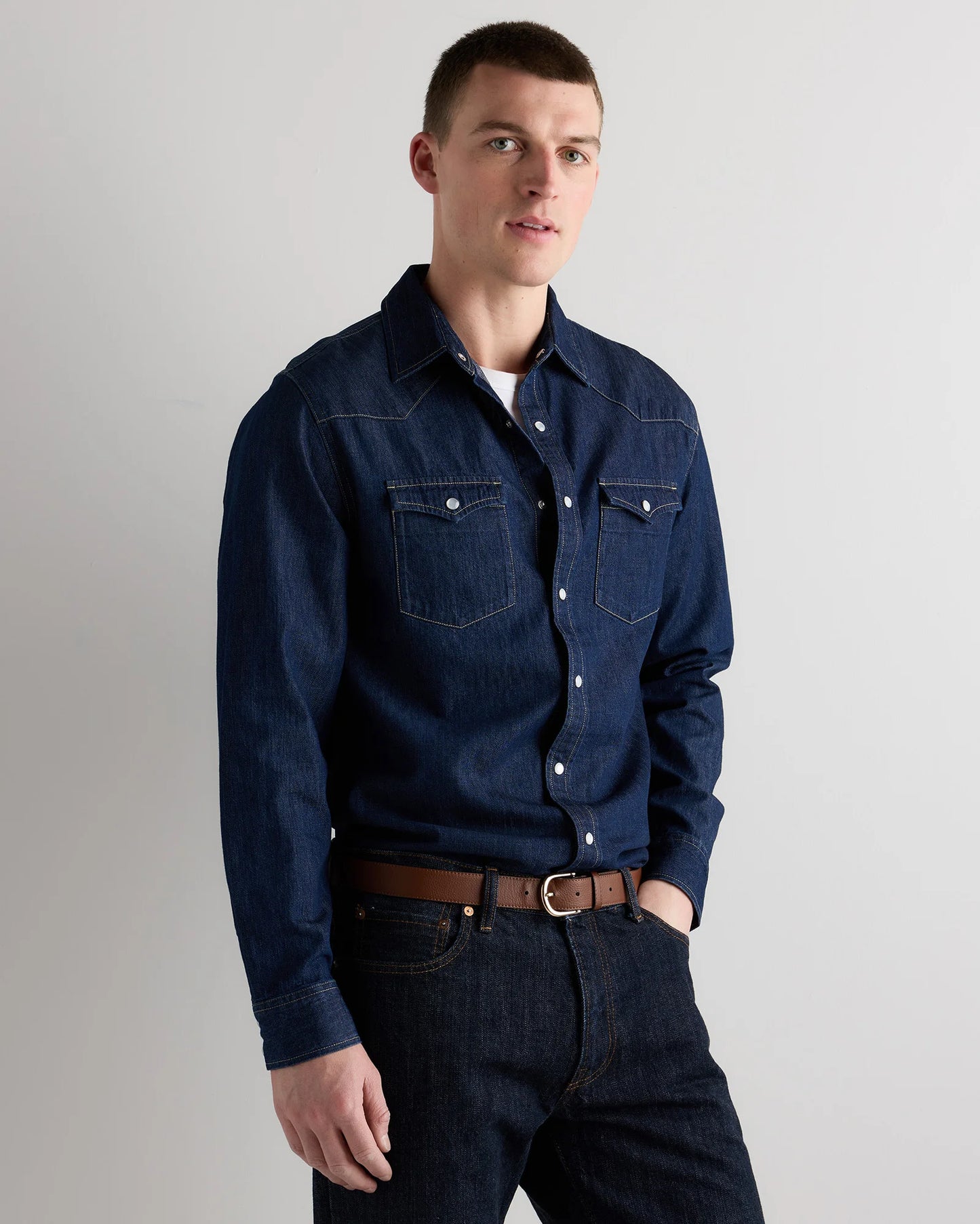 Pearl Snap Denim Western Shirt - S / Clean Rinse
