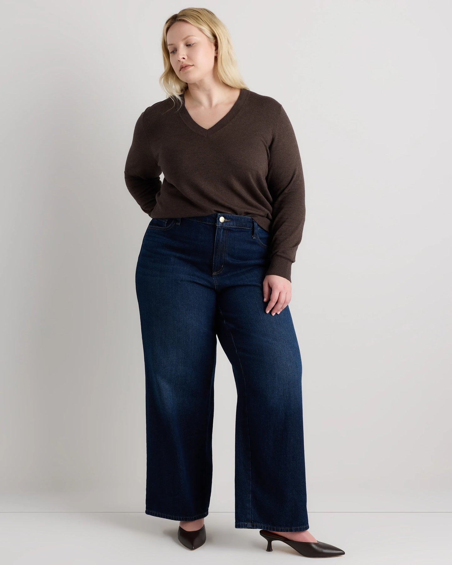 Lightweight Cotton Cashmere V-Neck Sweater - 1X / Black