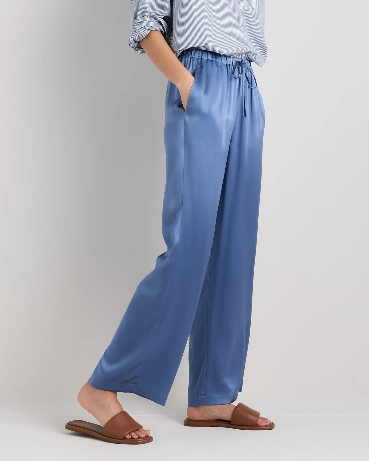 100% Washable Silk Drawstring Wide Leg Pants - XS / Champagne