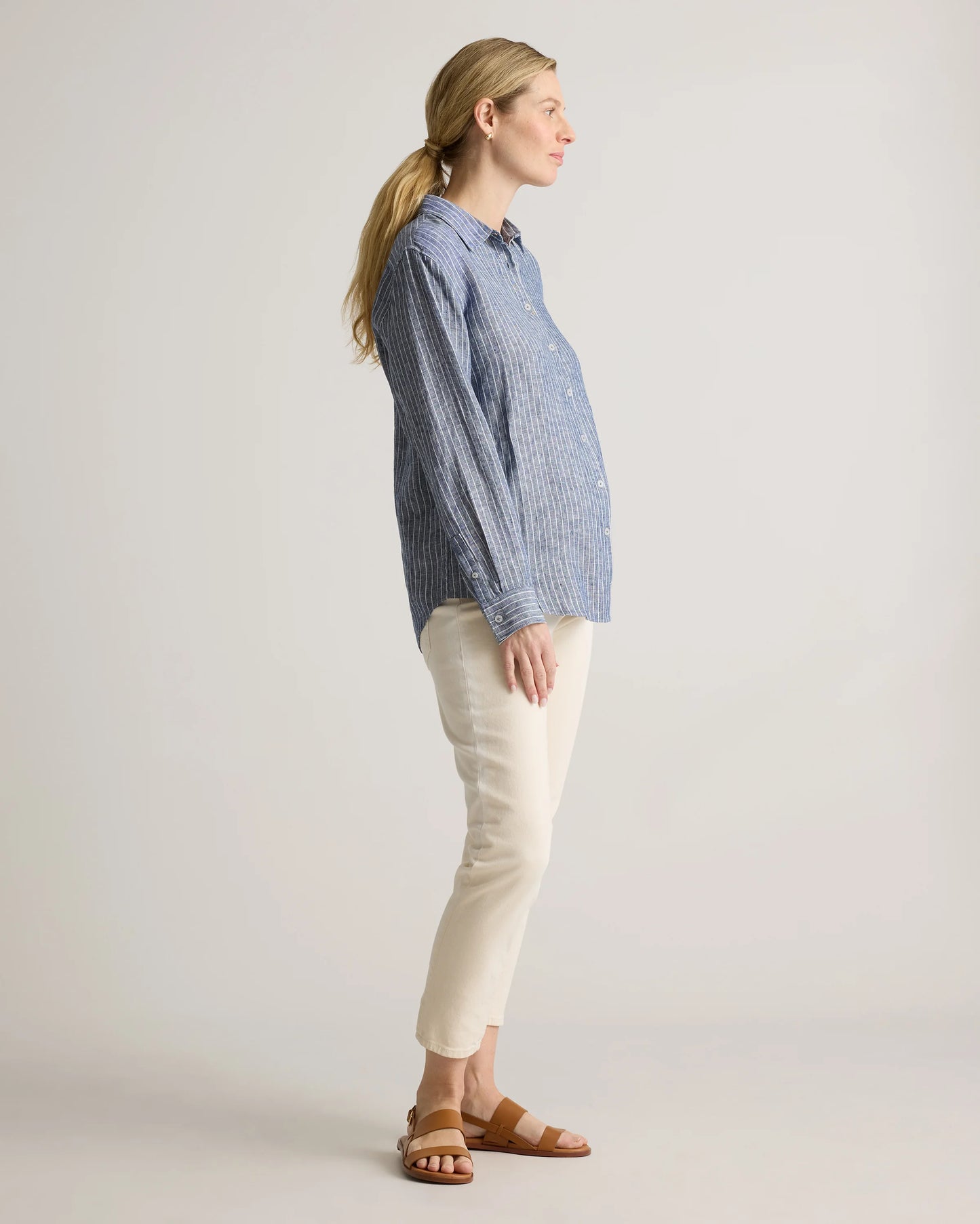 100% European Linen Maternity Long Sleeve Shirt - XS / Blue Pinstripe