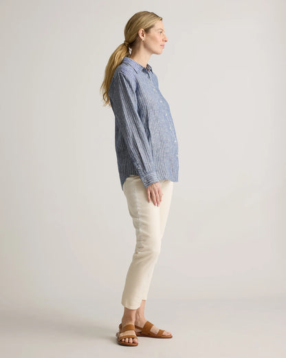 100% European Linen Maternity Long Sleeve Shirt - XS / Blue Pinstripe