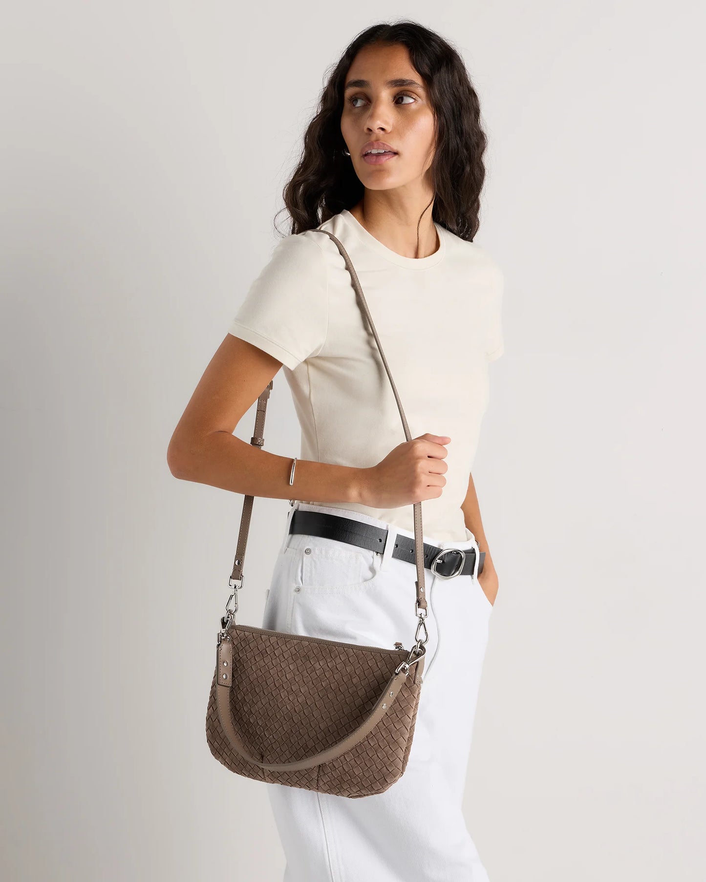 Sloane Suede Handwoven Mini Shoulder Bag - One Size / Pebble