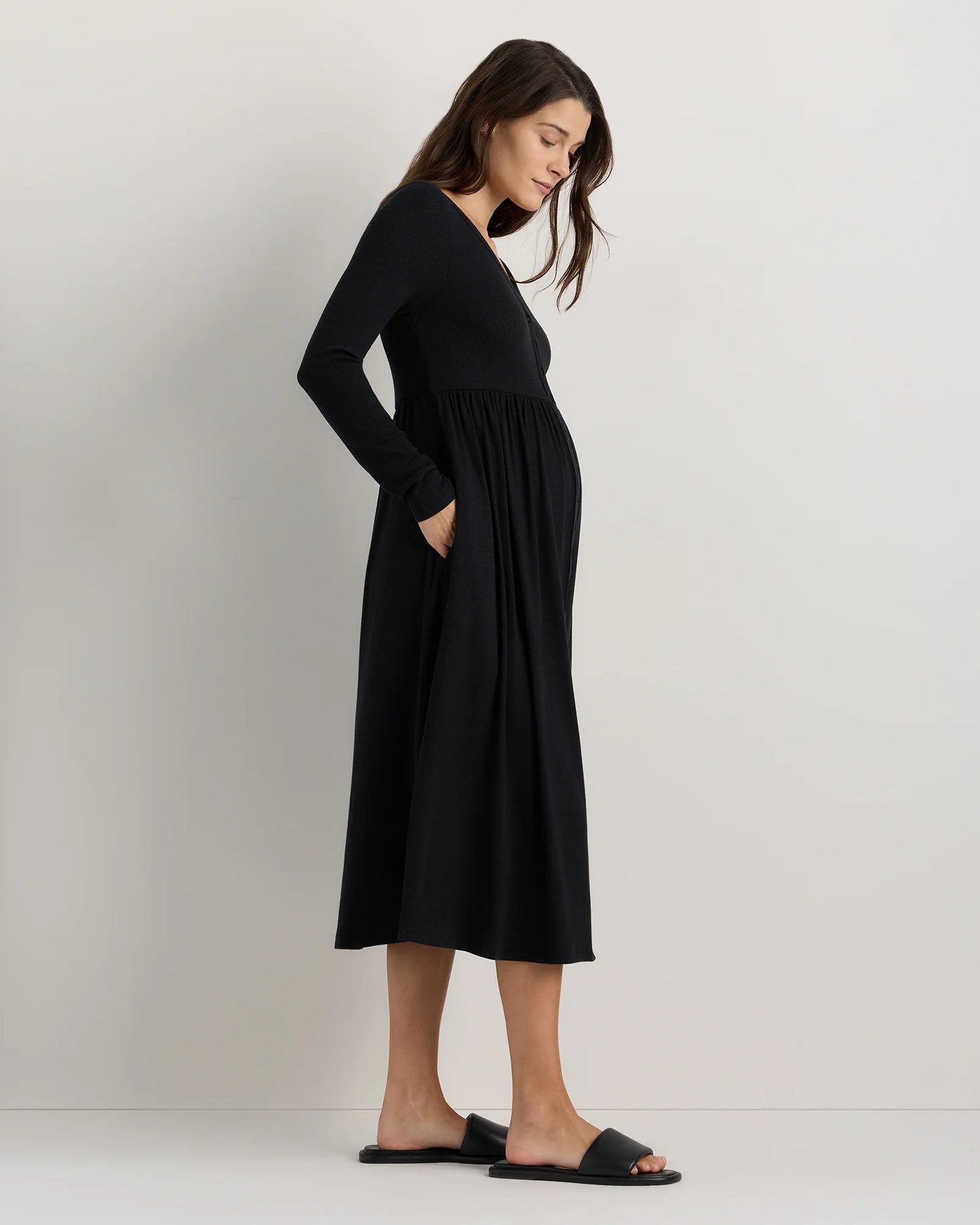 Bamboo Rib Maternity Long Sleeve Button Front Dress - XS / Classic White