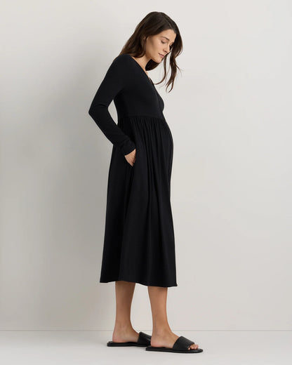 Bamboo Rib Maternity Long Sleeve Button Front Dress - XS / Classic White