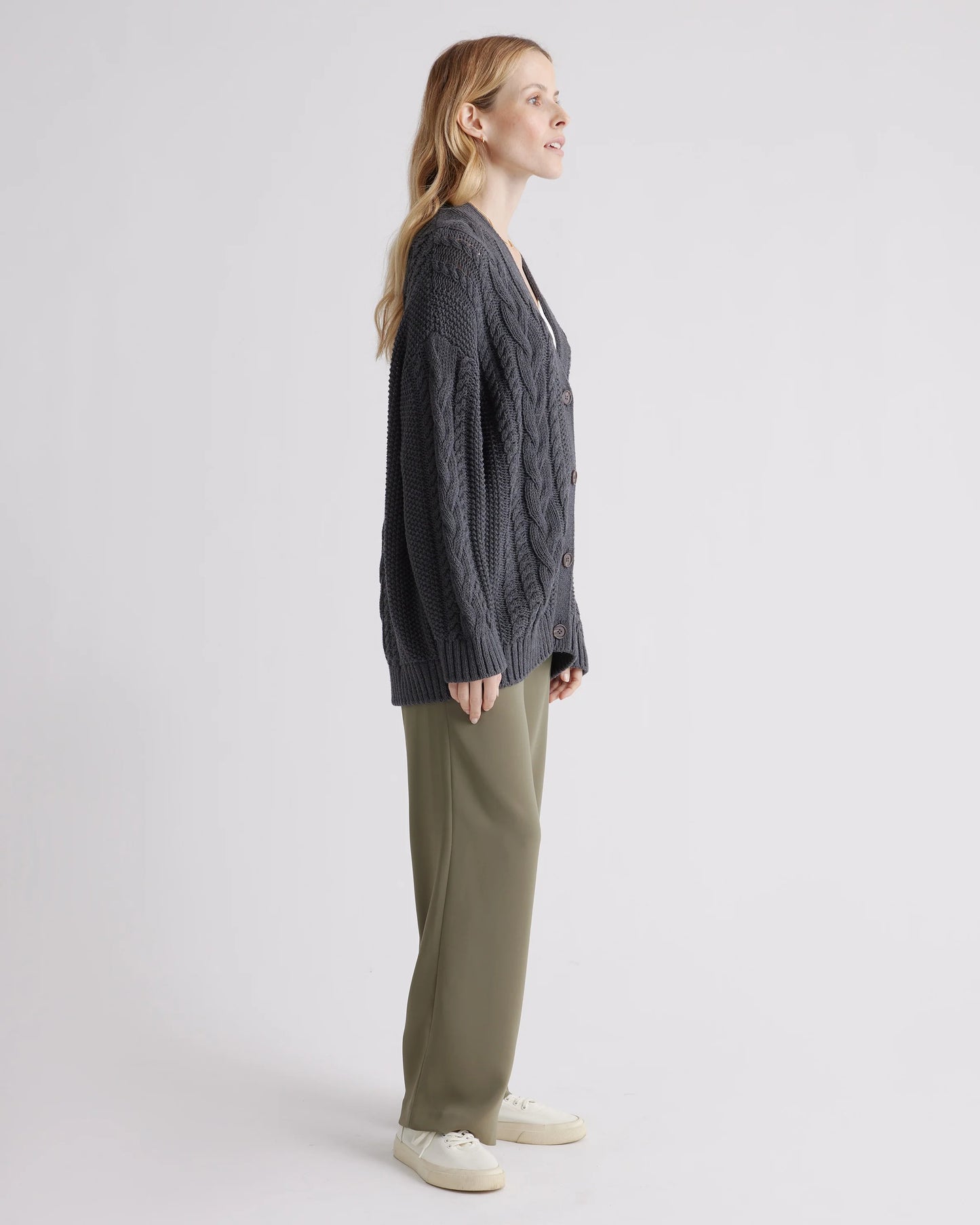 100% Organic Cotton Oversized Cable Cardigan - XS / Heather Brown