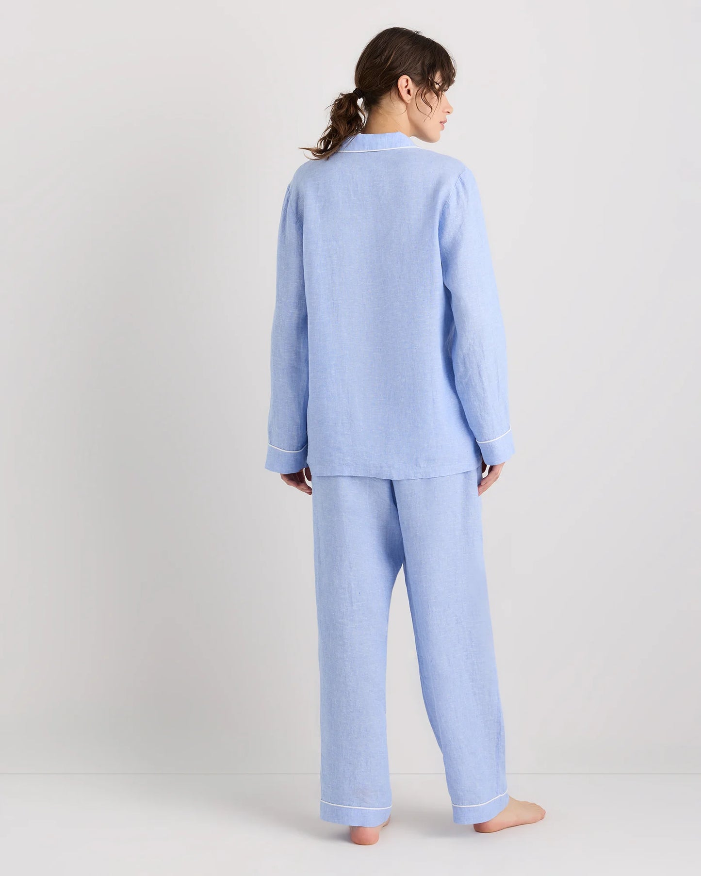 100% European Linen Long Sleeve Pajama Set with Piping - XS / Taupe Brown Gingham