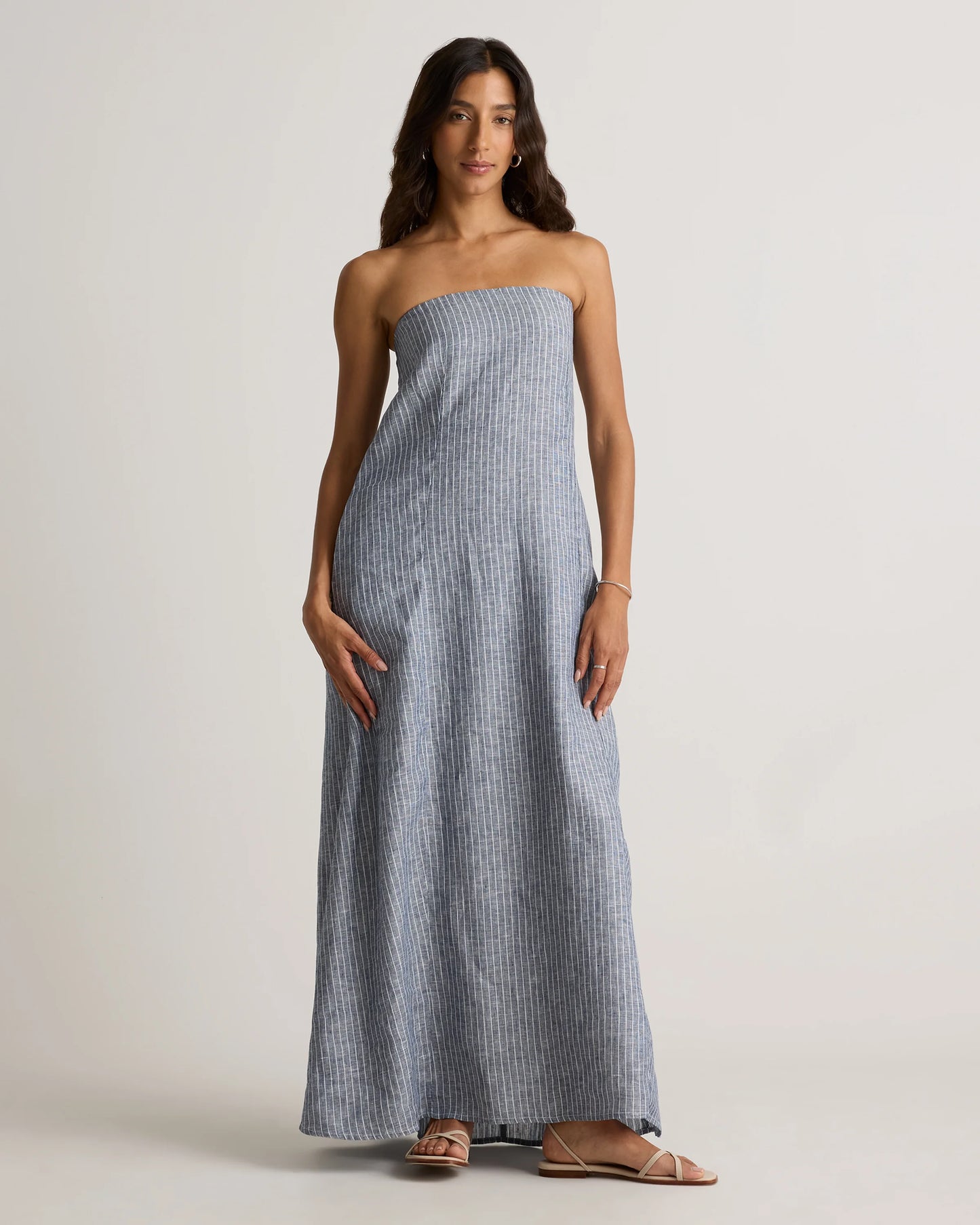 100% European Linen Strapless Maxi Dress - XS / Brick Red Heirloom Floral