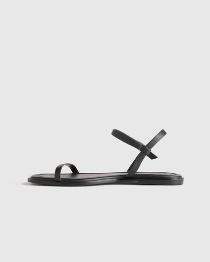 Italian Leather Ankle Strap Flat Sandal - 5 / Black