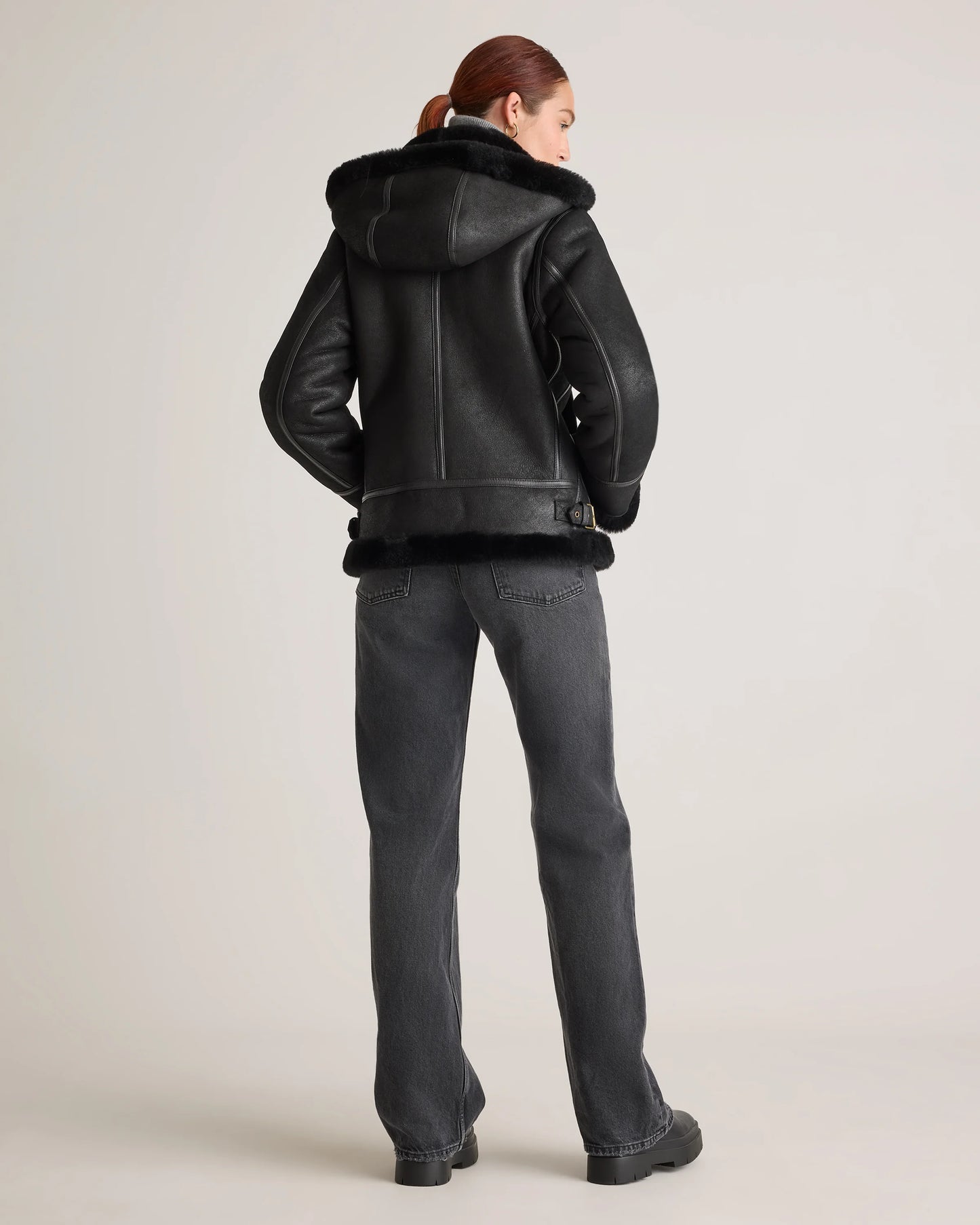 100% Shearling Cold Weather Bomber Jacket - XS / Black