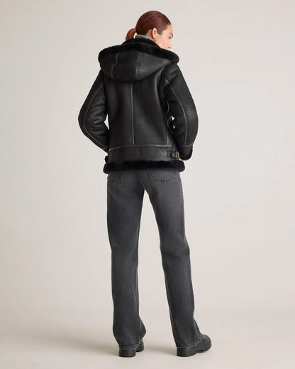 100% Shearling Cold Weather Bomber Jacket - XS / Black
