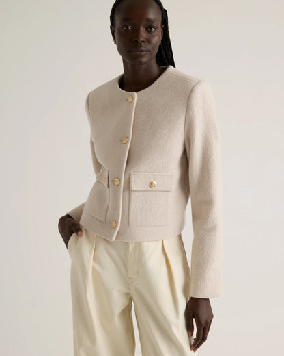 100% Merino Wool Collarless Cropped Jacket - XS / Heather Bone