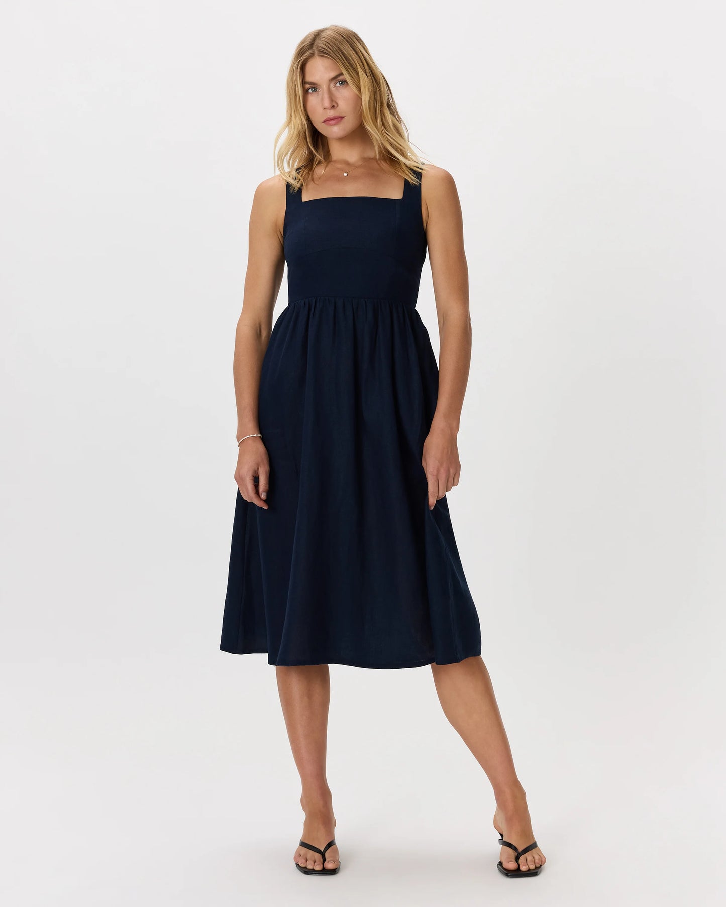 100% European Linen Fit & Flare Midi Dress - XS / Ivory Porcelain Blue Petite Floral