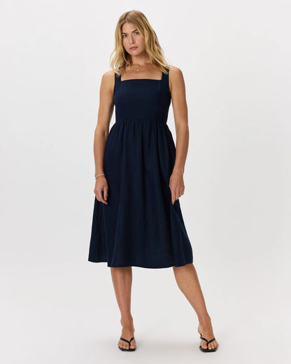 100% European Linen Fit & Flare Midi Dress - XS / Ivory Porcelain Blue Petite Floral