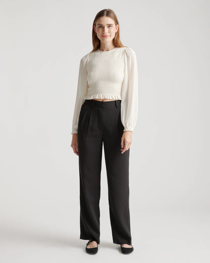 Chiffon Cropped Smocked Blouse - XS / Ivory