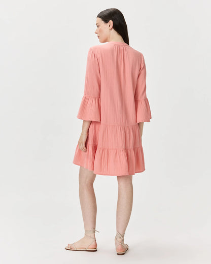 100% Organic Cotton Gauze Long Sleeve Tiered Mini Dress - XS / Amaranth Pink