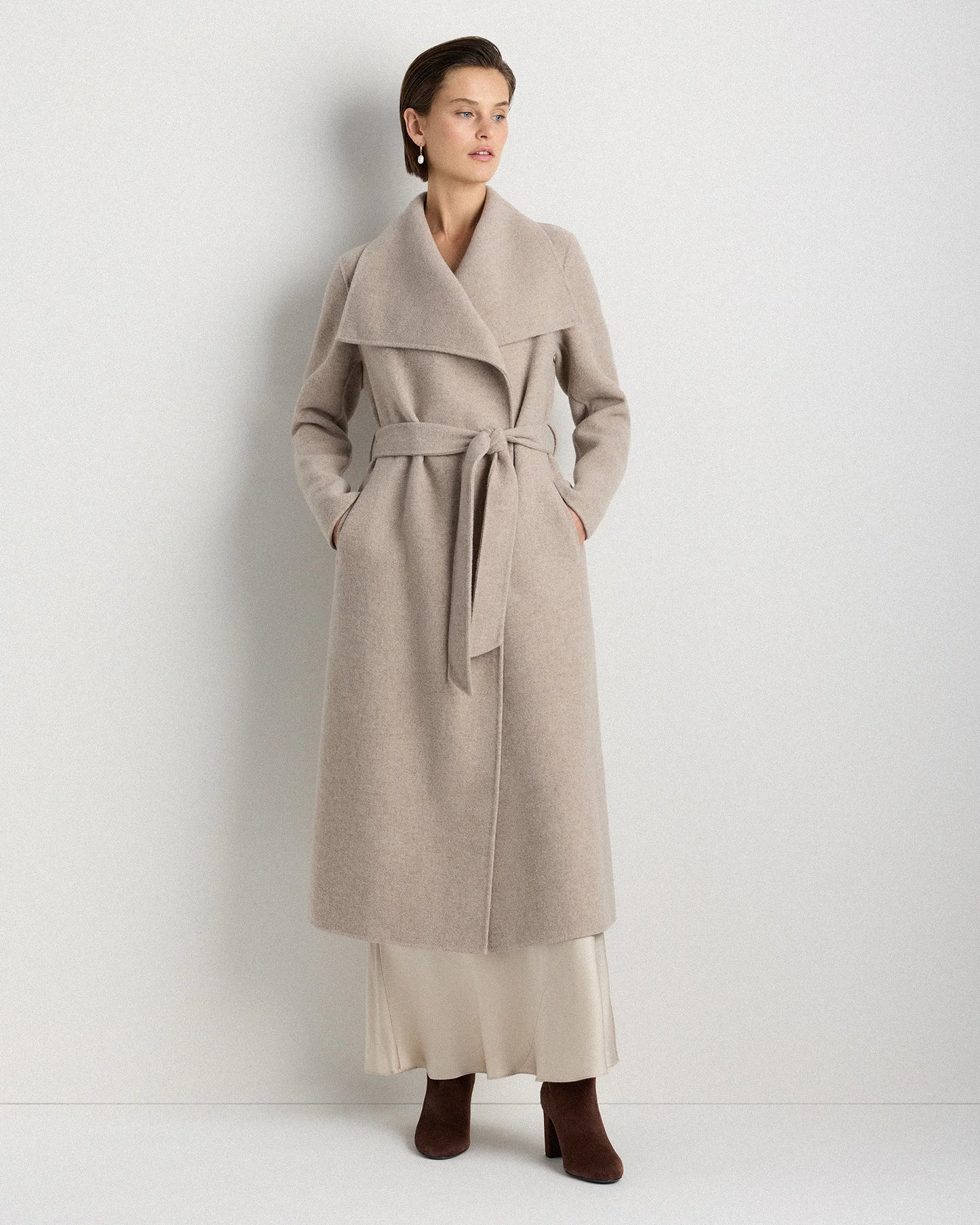 Double-Faced Merino Wool Draped Collar Wrap Coat - XS / Oat