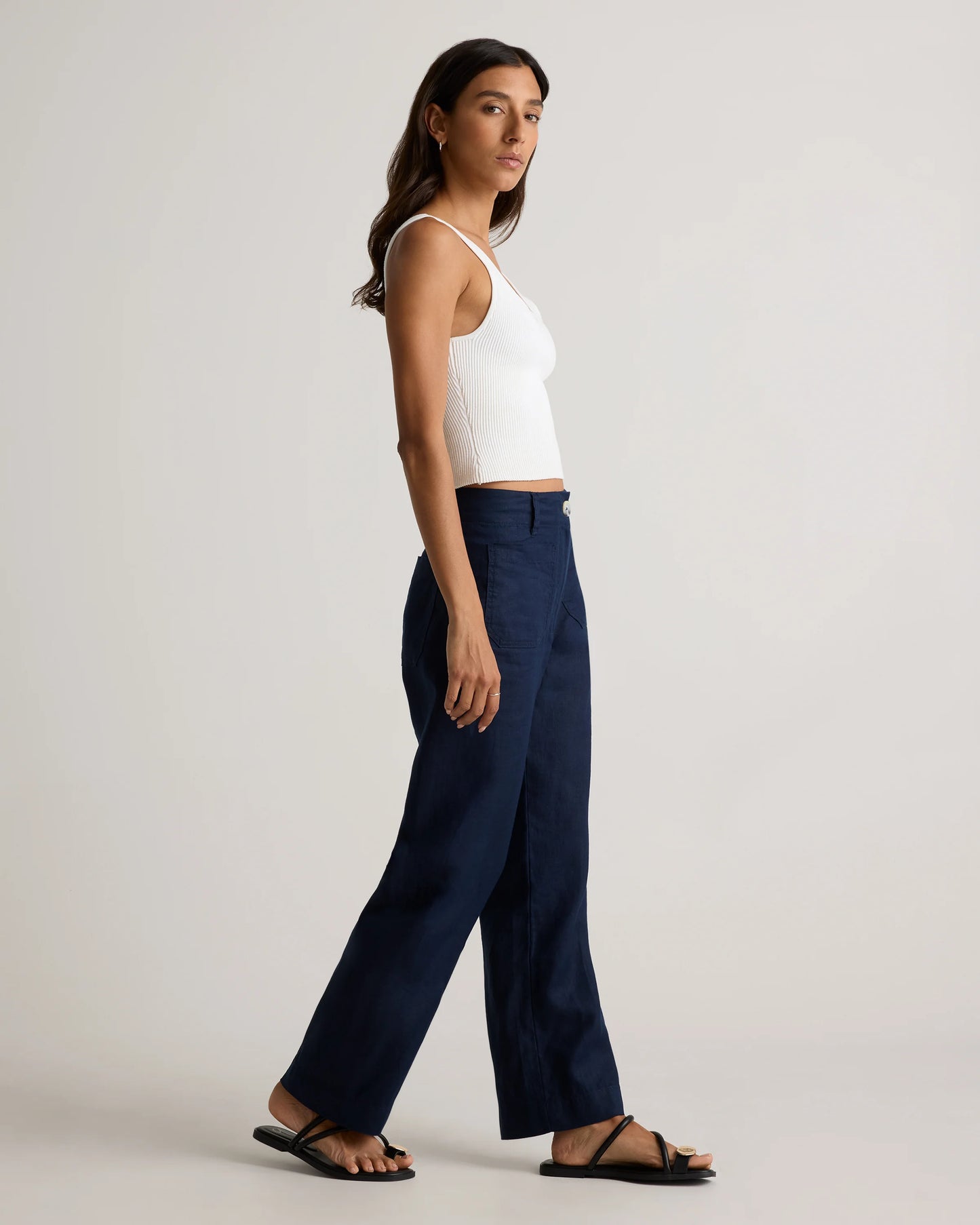 100% European Linen Patch Pocket Wide Leg Pants - 0 / Taupe Brown Chambray
