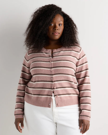 Mongolian Cashmere Cropped Crew Cardigan - 1X / Heather Vintage Pink / Brown Variegated Stripe