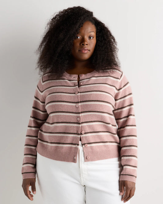 Mongolian Cashmere Cropped Crew Cardigan - 1X / Heather Vintage Pink / Brown Variegated Stripe