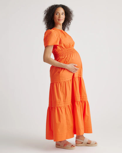 100% Organic Cotton Poplin Maternity Tiered Maxi Dress - XS / Riviera Blue Heirloom Floral