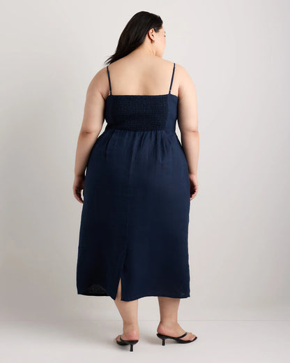 100% European Linen Scoop Neck Midi Dress - 1X / Deep Navy