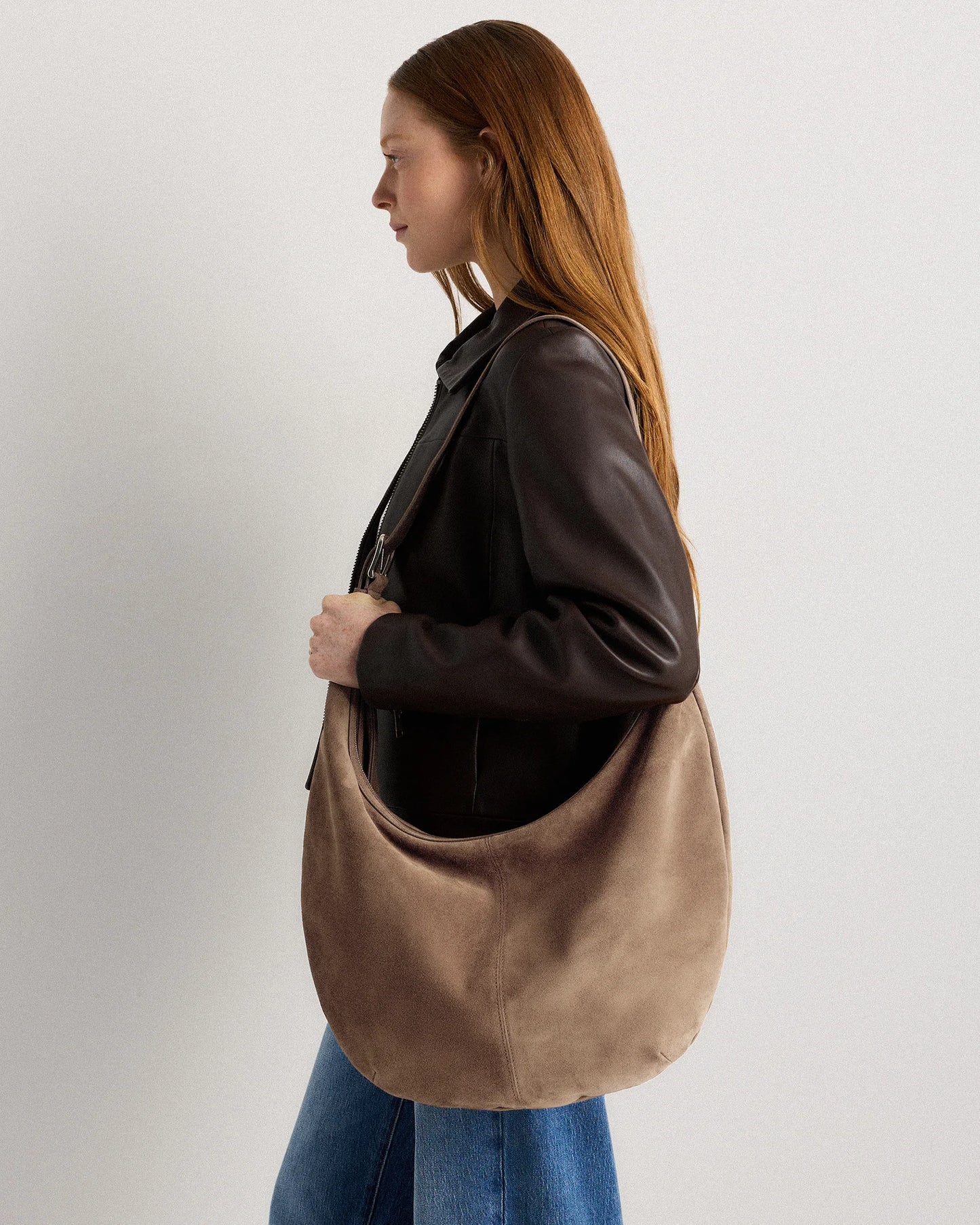 Italian Suede Crescent Shoulder Bag - One Size / Whiskey