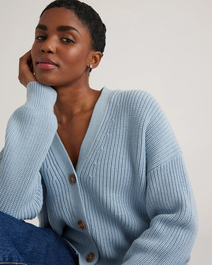 100% Organic Cotton Fisherman Boxy Cropped Cardigan - XS / Sapphire Blue