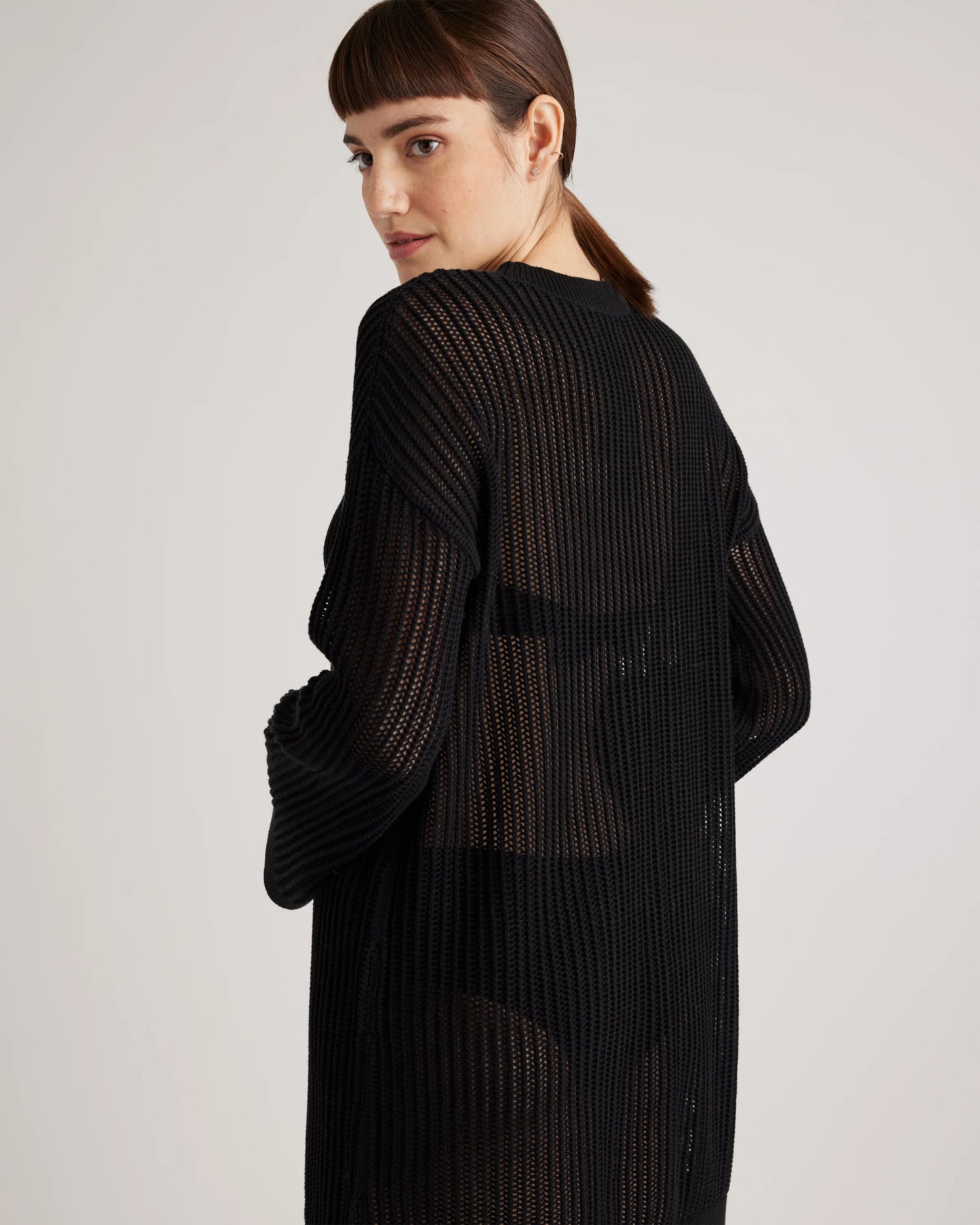 100% Organic Cotton Open-Knit Long Sleeve Cover-Up Mini Dress - XS / Beige