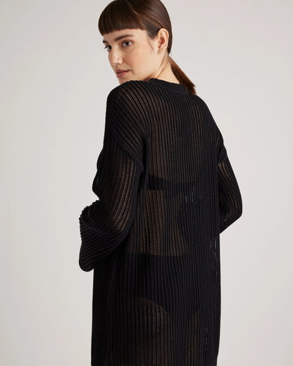 100% Organic Cotton Open-Knit Long Sleeve Cover-Up Mini Dress - XS / Beige