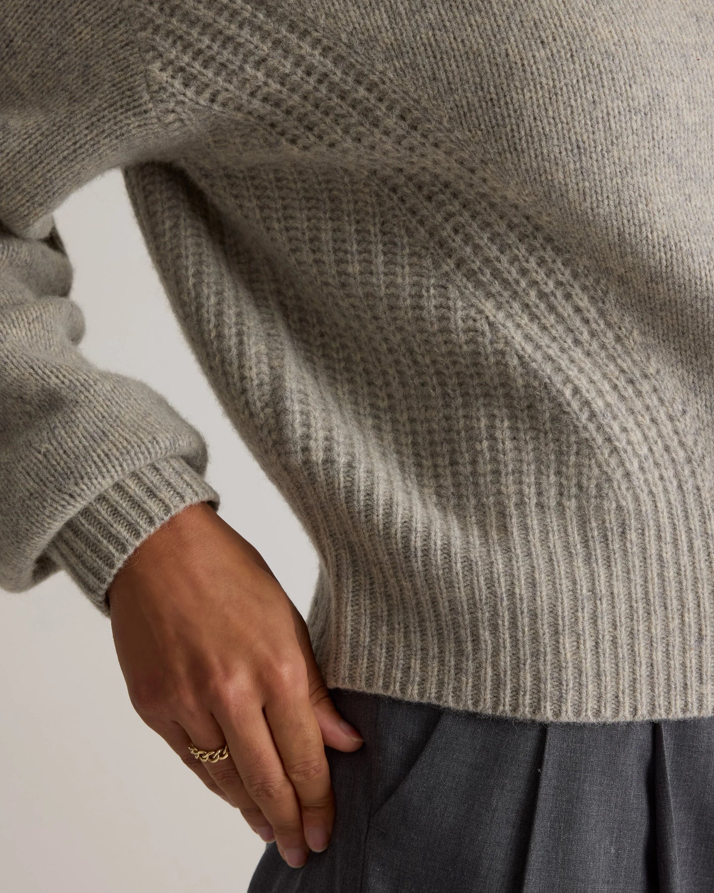100% Yak Wool Pointelle Detail Relaxed Crew - XS / Heather Brown