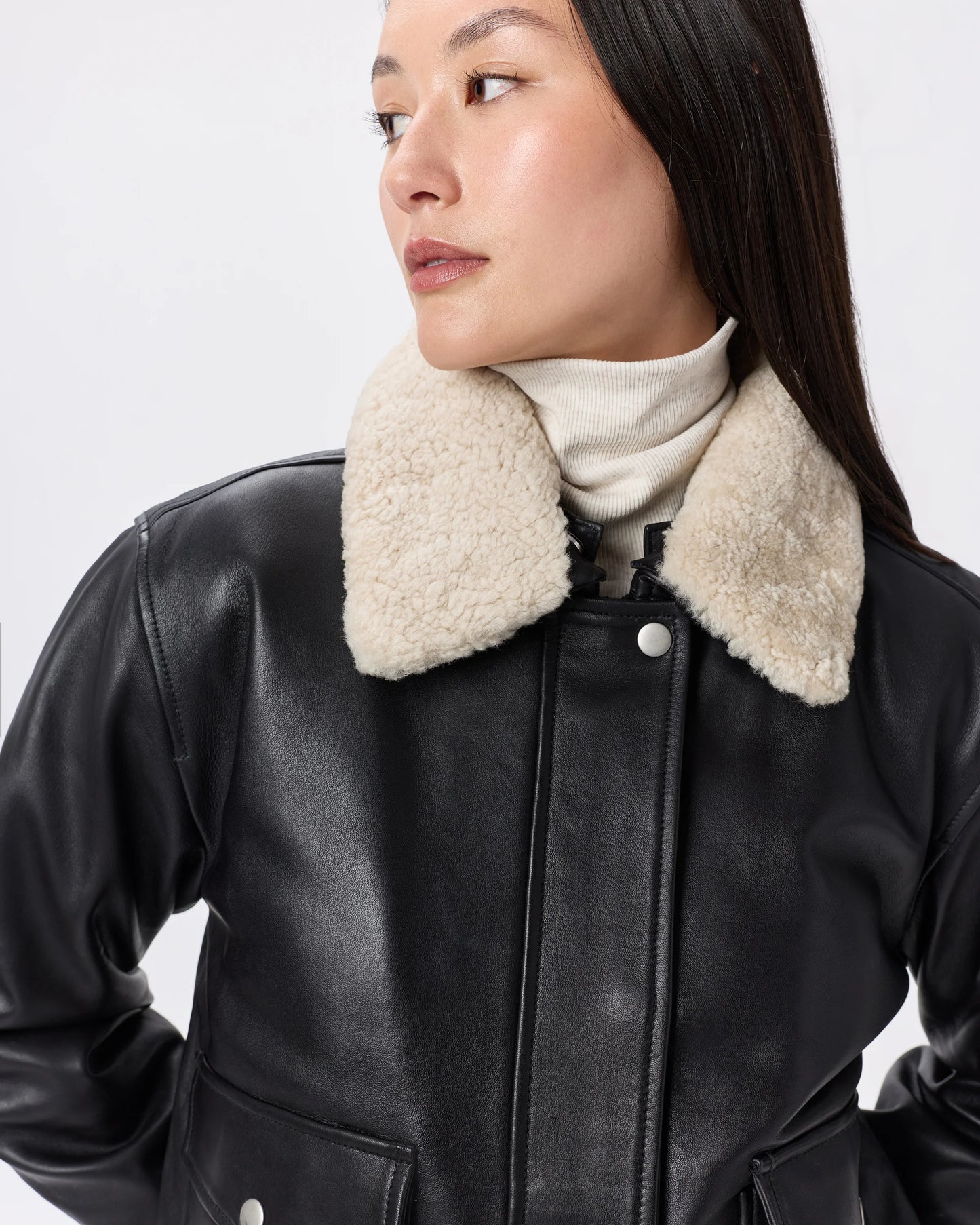 100% Leather Shearling Trim Aviator Jacket - XS / True Black