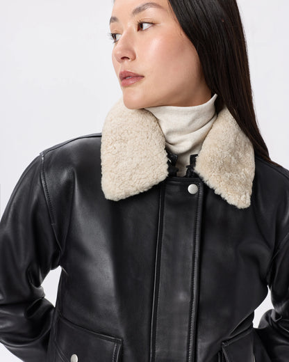 100% Leather Shearling Trim Aviator Jacket - XS / True Black