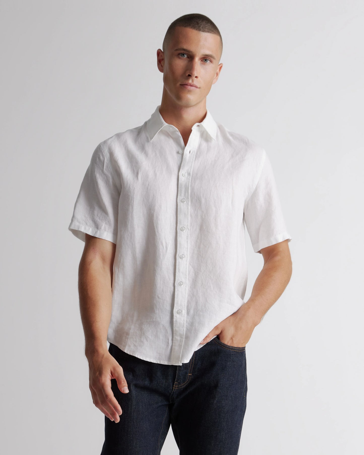 100% European Linen Relaxed Short Sleeve Shirt - XS / Taupe Brown Chambray