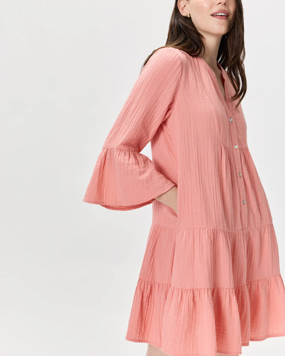 100% Organic Cotton Gauze Long Sleeve Tiered Mini Dress - XS / Amaranth Pink