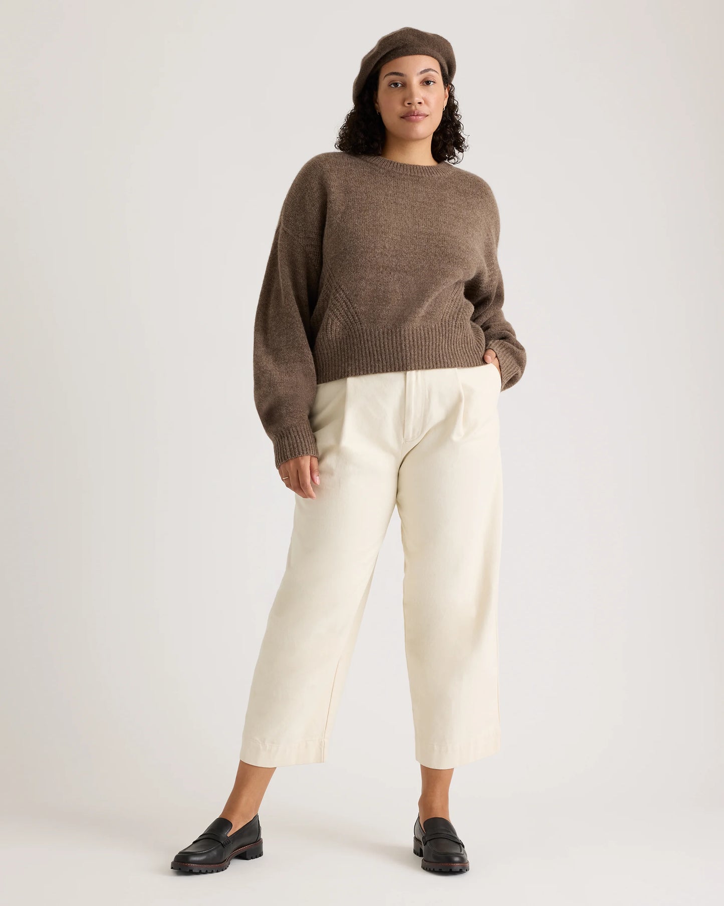 100% Yak Wool Pointelle Detail Relaxed Crew - XS / Heather Brown