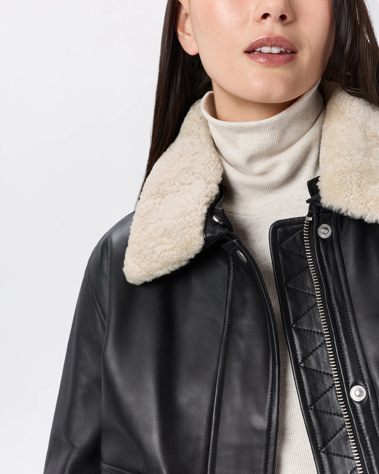 100% Leather Shearling Trim Aviator Jacket - XS / True Black