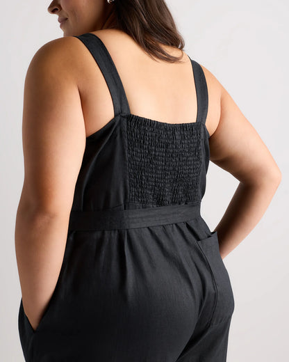 100% European Linen Square Neck Jumpsuit - 1X / Deep Navy