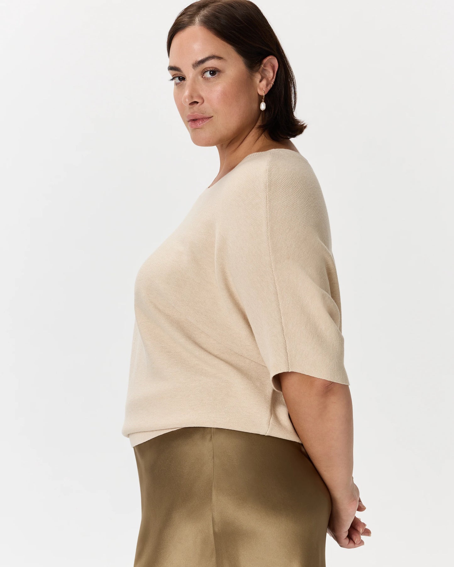 Lightweight Cotton Cashmere Link-Stitch Dolman Sweater - 1X / Orchid Blue Mini Stripe
