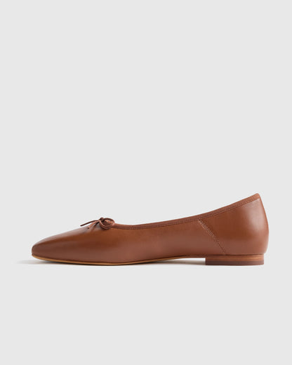 Italian Leather Square Toe Ballet Flat - 5 / Cognac