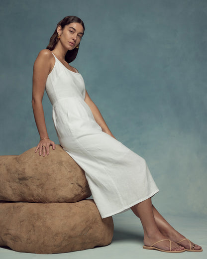 100% European Linen Scoop Neck Midi Dress - XS / Ivory Porcelain Blue Petite Floral