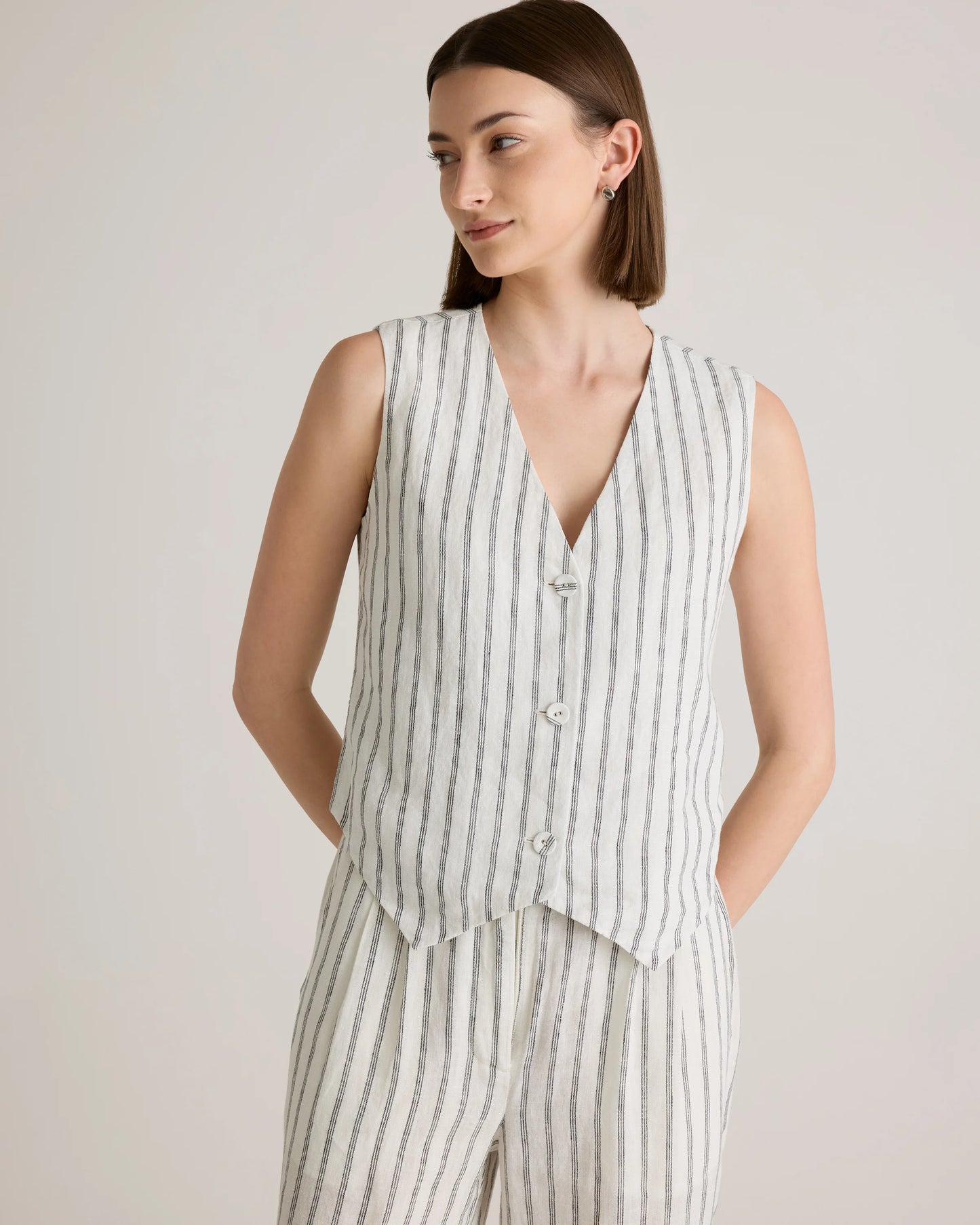 100% European Linen Vest - XS / Blue Pinstripe