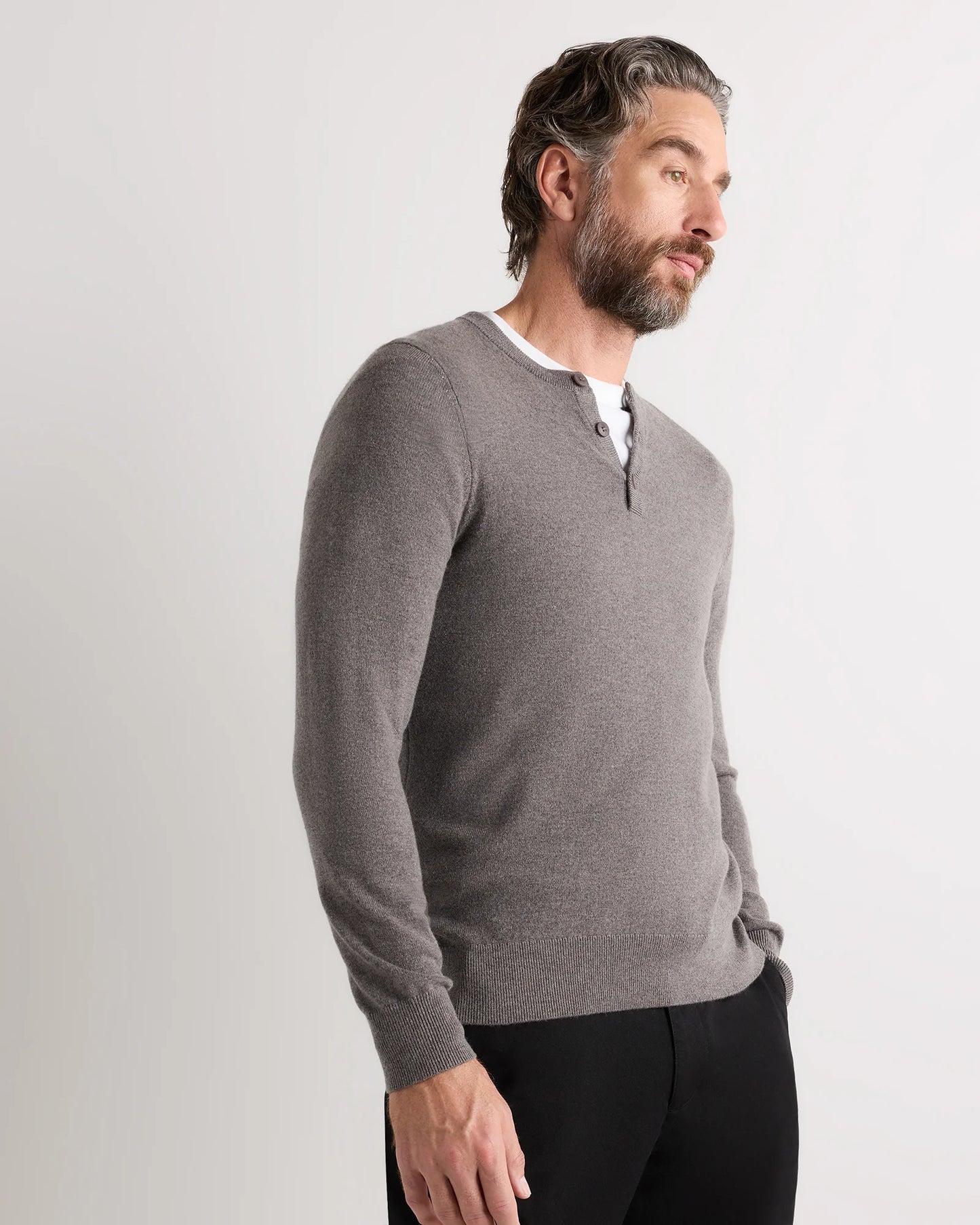 Mongolian Cashmere Henley Sweater - S / Brown