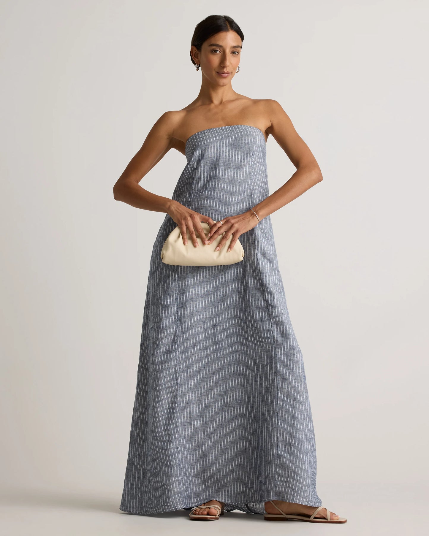 100% European Linen Strapless Maxi Dress - XS / Brick Red Heirloom Floral