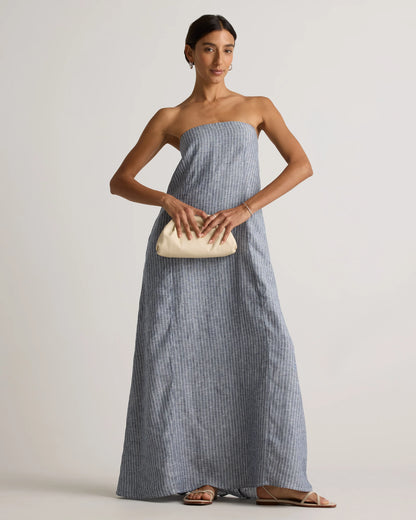 100% European Linen Strapless Maxi Dress - XS / Brick Red Heirloom Floral