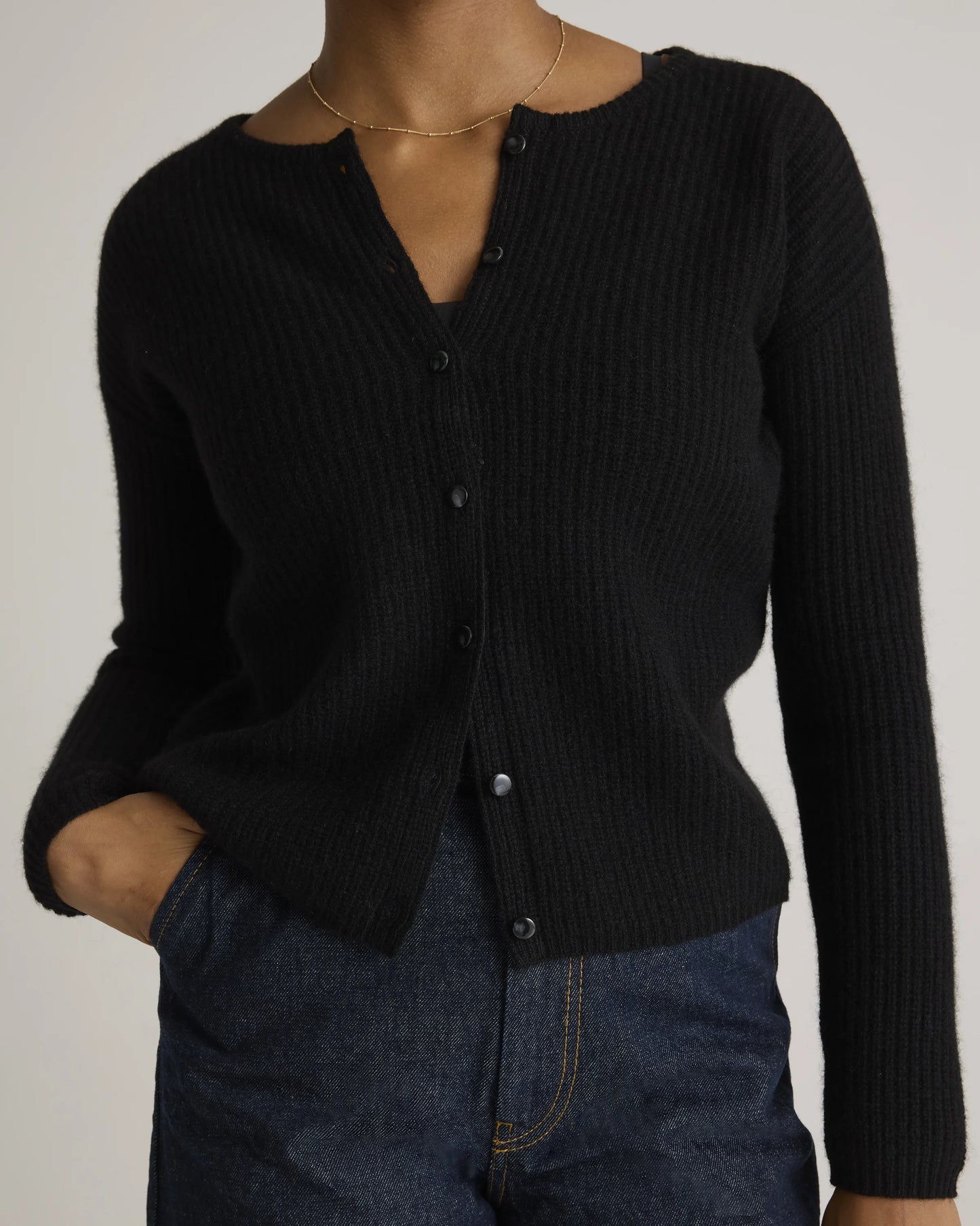 100% Yak Soft Rib Crew Cardigan - XS / Black