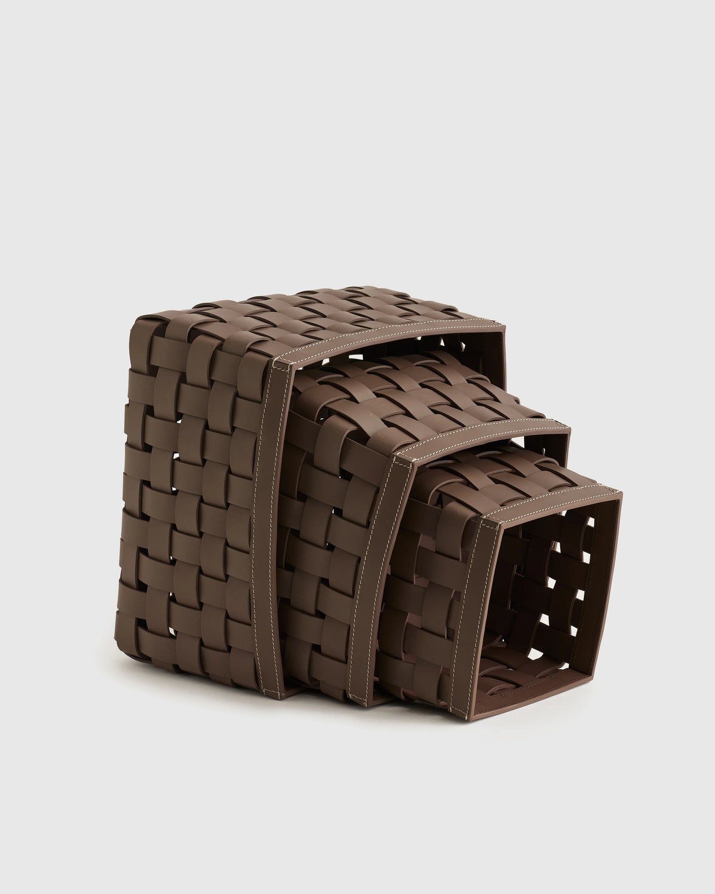 Recycled Woven Leather Baskets (set of 3) - One Size / Cognac