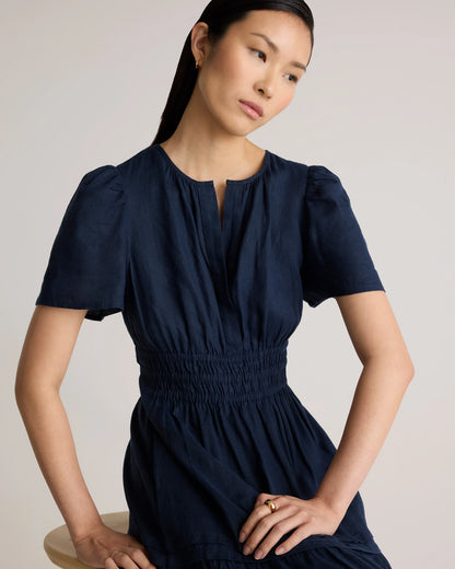 100% European Linen Tiered Maxi Dress - XS / Deep Navy