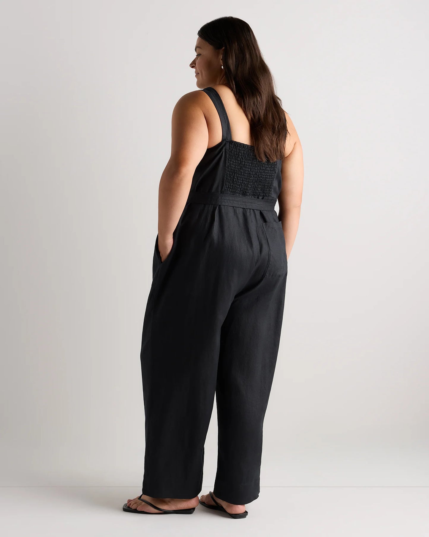 100% European Linen Square Neck Jumpsuit - 1X / Deep Navy