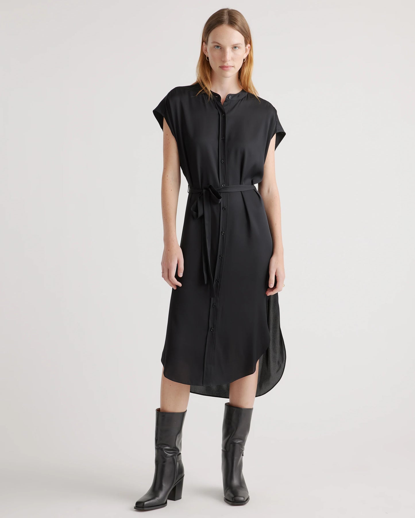 Washable Stretch Silk Midi Shirt Dress - XS / Black