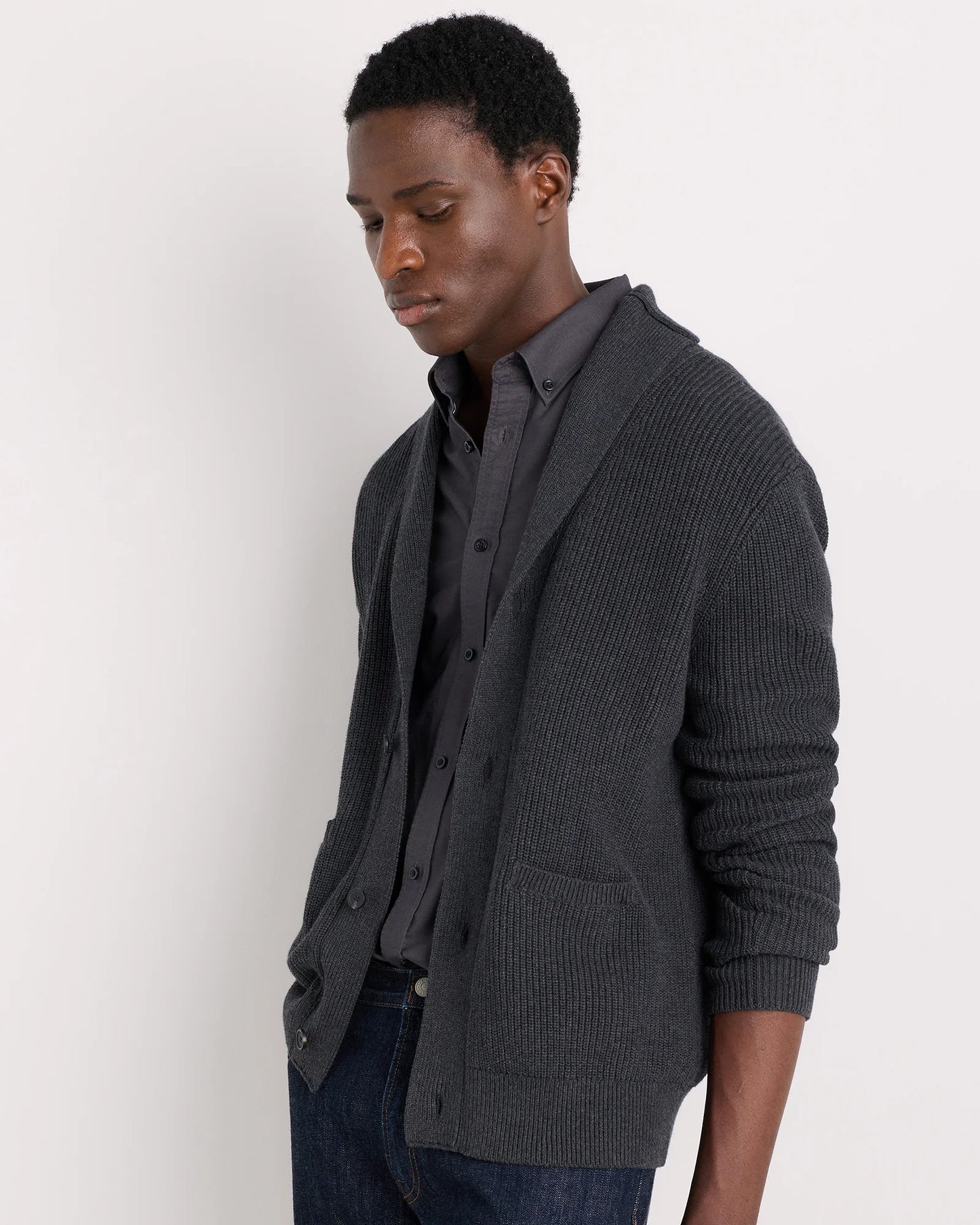 100% Organic Cotton Ribbed Shawl-Collar Cardigan Sweater - S / Bayberry Olive